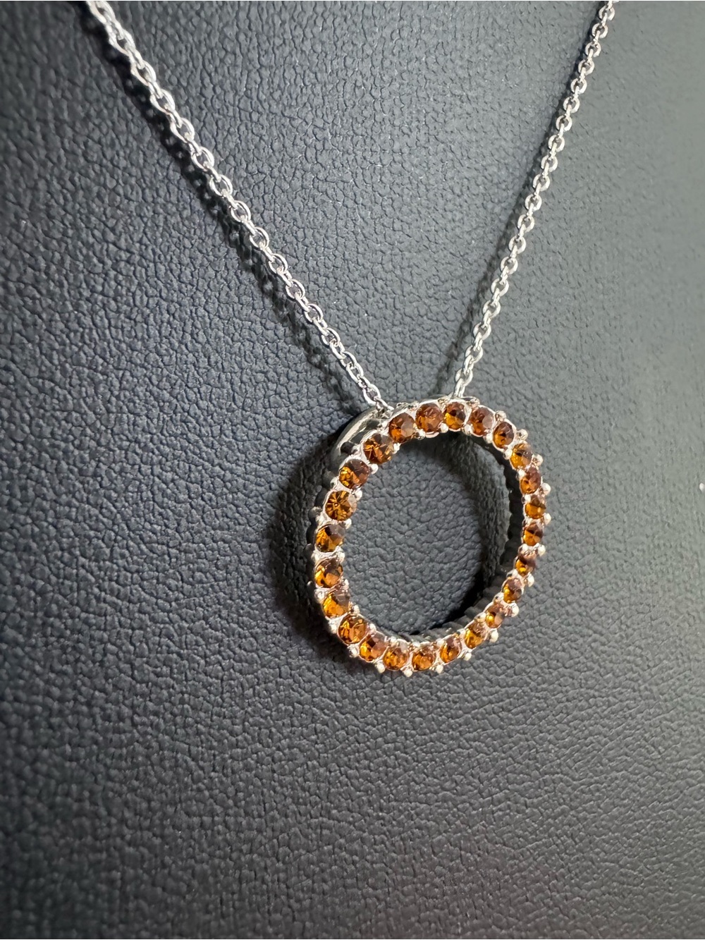 Yellow Topaz Rhinestone Circle Pendant Necklace Silver Tone Halo 17"